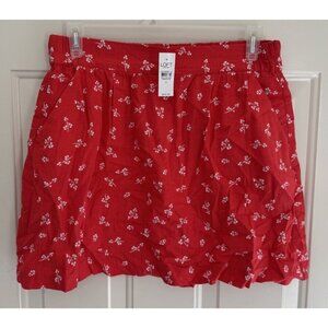 NWT Loft Linen Blend Skirt Red Ditsy Floral A Line Elastic Waist Size M Boho